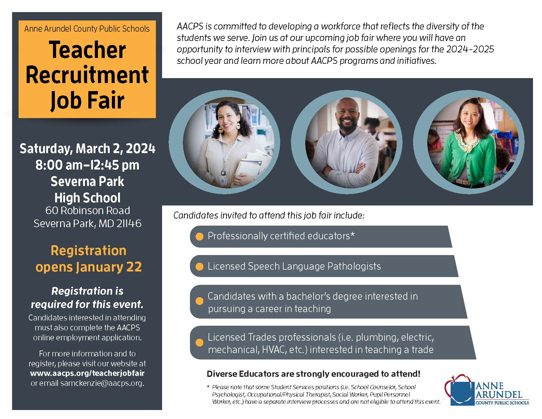 Anne Arundel County Public Schools Teacher Recruitment Job Fair, Saturday, March 2, 2024, 8:00 am to 12:45 pm, Severna Park High School