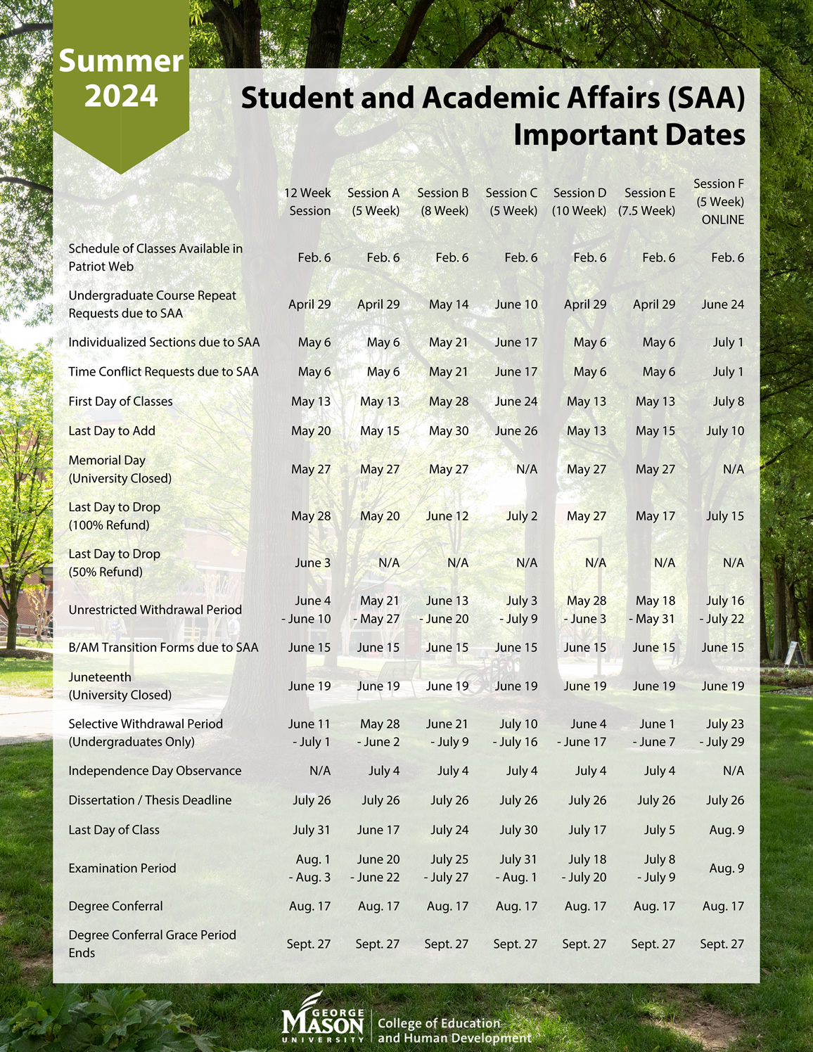 Important dates for Summer 2024 (pdf)