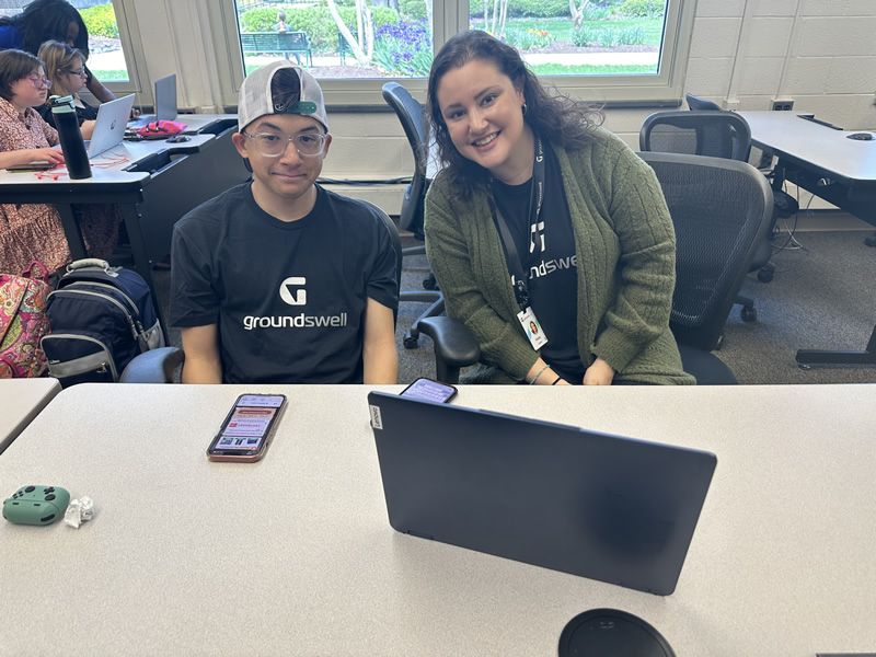 Mason LIFE students in a classroom with Groundswell employees.