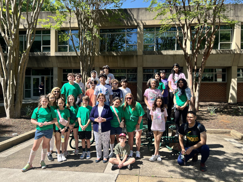 Students from Daniels Run Elementary School gathered for a picture in front of Thompson Hall
